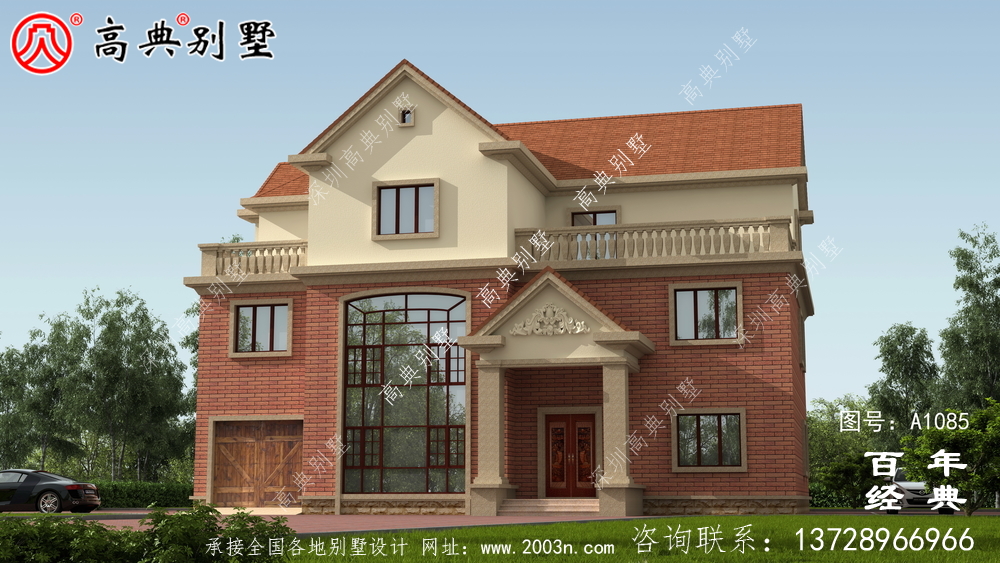 占地233平方米的自建大戶型三層別墅設計效果圖，紅色別墅外墻磚效果喜慶！