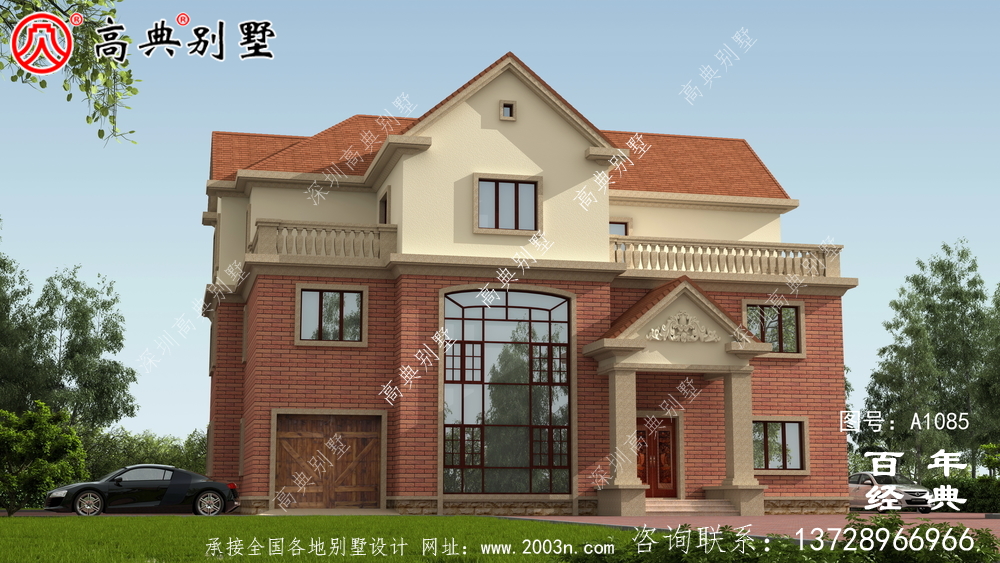 占地233平方米的自建大戶型三層別墅設計效果圖，紅色別墅外墻磚效果喜慶！