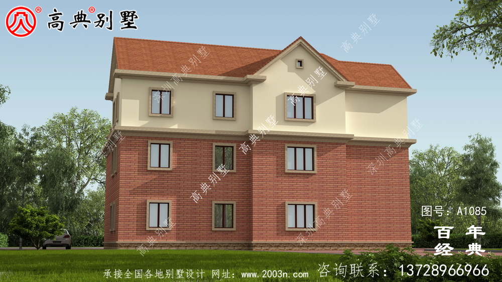 占地233平方米的自建大戶型三層別墅設計效果圖，紅色別墅外墻磚效果喜慶！