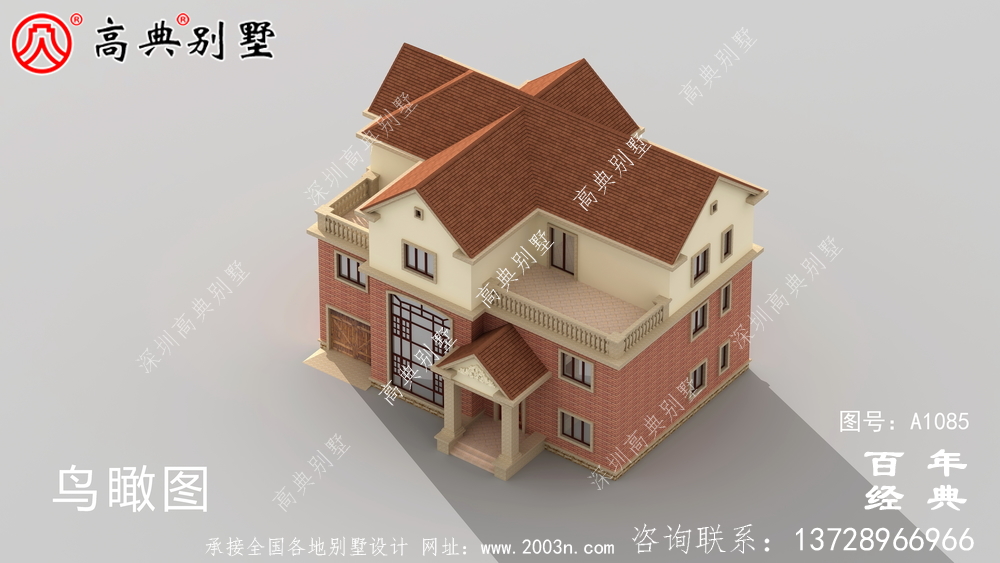 占地233平方米的自建大戶型三層別墅設計效果圖，紅色別墅外墻磚效果喜慶！