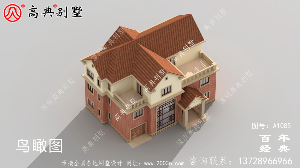占地233平方米的自建大戶型三層別墅設計效果圖，紅色別墅外墻磚效果喜慶！