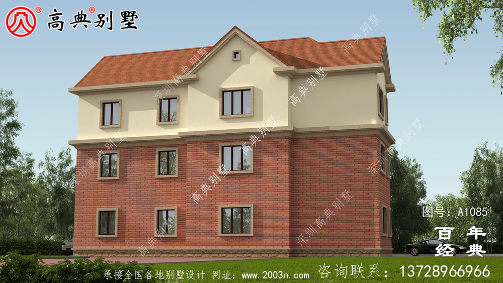 占地233平方米的自建大戶型三層別墅設計效果圖，紅色別墅外墻磚效果喜慶！