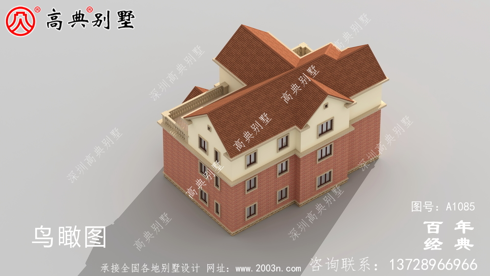 占地233平方米的自建大戶型三層別墅設計效果圖，紅色別墅外墻磚效果喜慶！