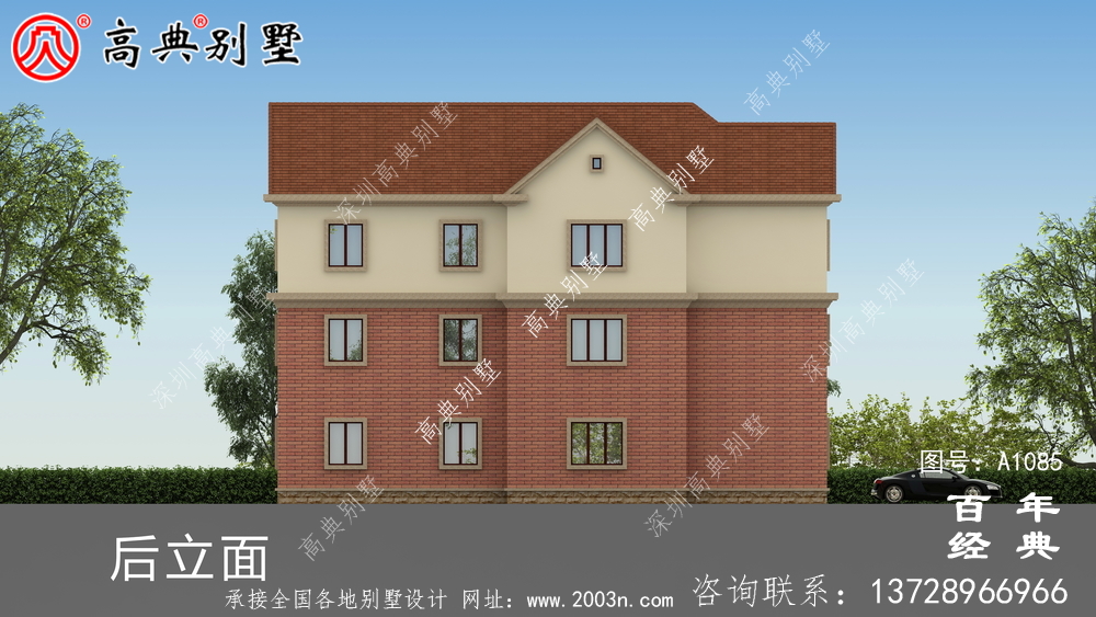 占地233平方米的自建大戶型三層別墅設計效果圖，紅色別墅外墻磚效果喜慶！