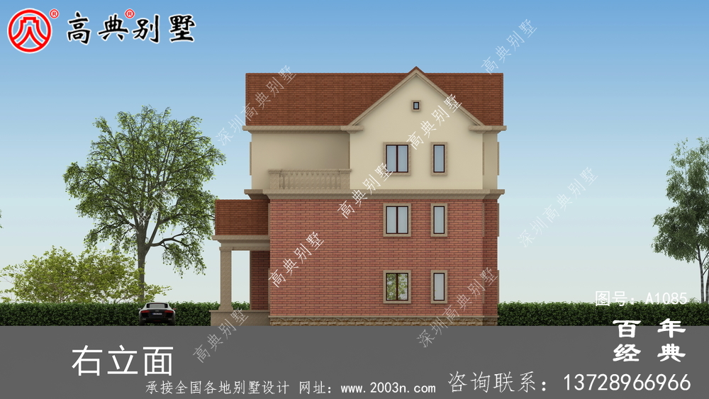 占地233平方米的自建大戶型三層別墅設計效果圖，紅色別墅外墻磚效果喜慶！