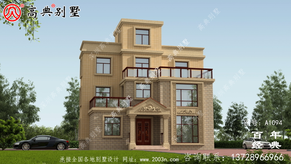 帶露臺(tái)的農(nóng)村三層私人住宅設(shè)計(jì)圖和效果圖。