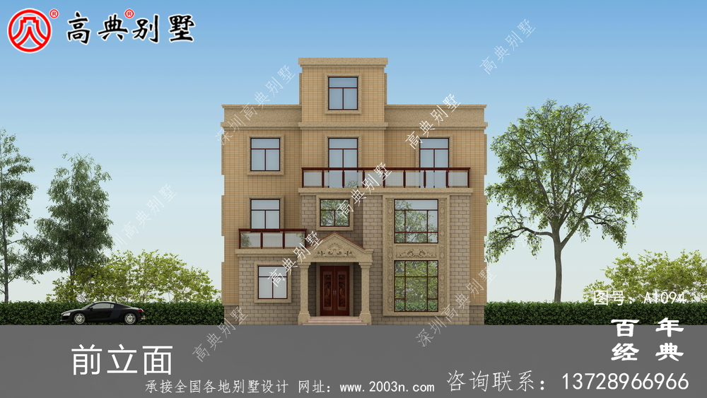 帶露臺(tái)的農(nóng)村三層私人住宅設(shè)計(jì)圖和效果圖。