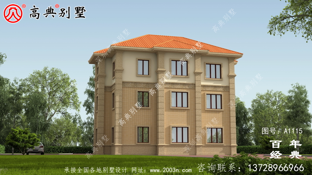 帶車庫的歐式三層別墅房屋設計圖,大客廳挑高