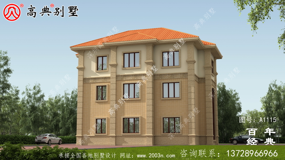 帶車庫的歐式三層別墅房屋設計圖,大客廳挑高
