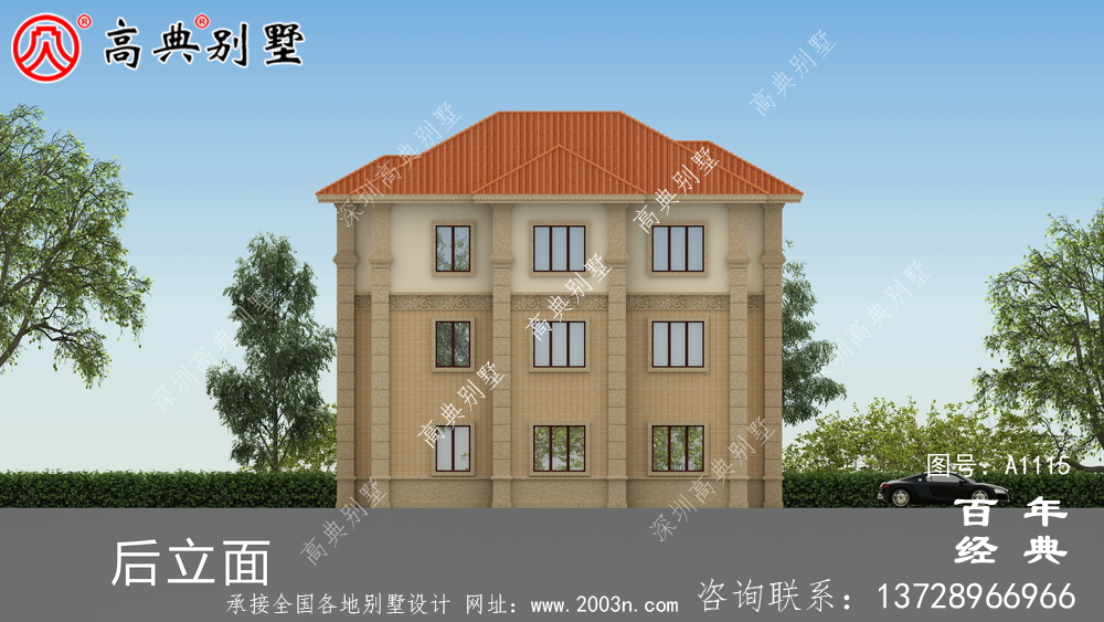 帶車庫的歐式三層別墅房屋設計圖,大客廳挑高