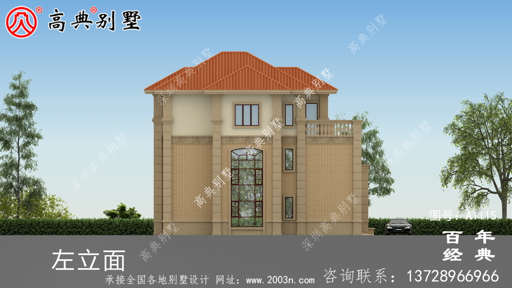 帶車庫的歐式三層別墅房屋設計圖,大客廳挑高