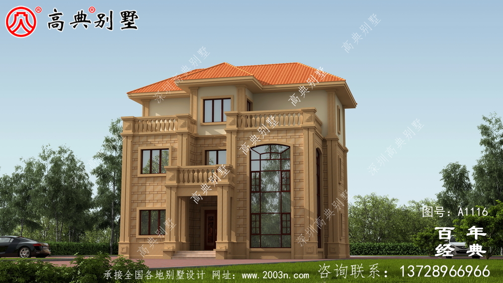 大客廳歐式三層別墅房屋設計圖，含外型造型設計圖