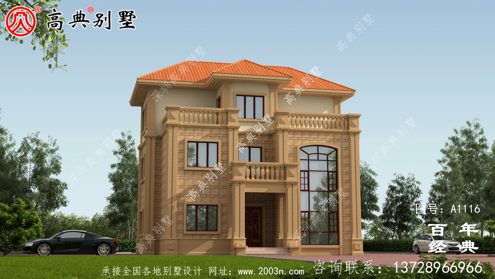 大客廳歐式三層別墅房屋設計圖，含外型造型設計圖