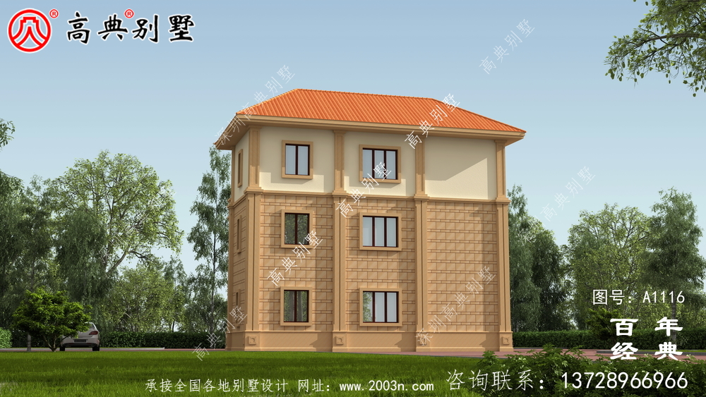 大客廳歐式三層別墅房屋設計圖，含外型造型設計圖
