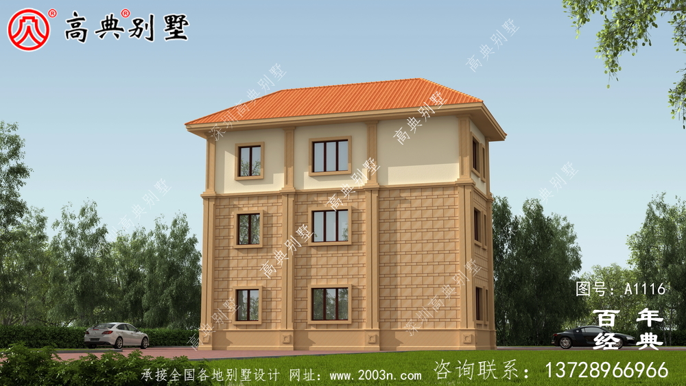 大客廳歐式三層別墅房屋設計圖，含外型造型設計圖