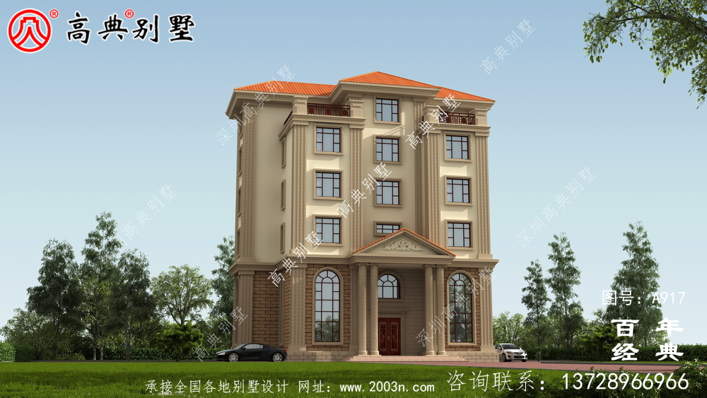 面積208平方米的經典五層別墅設計圖，包括效果圖。