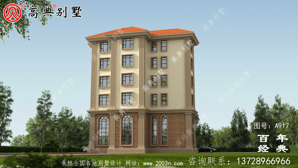 面積208平方米的經典五層別墅設計圖，包括效果圖。