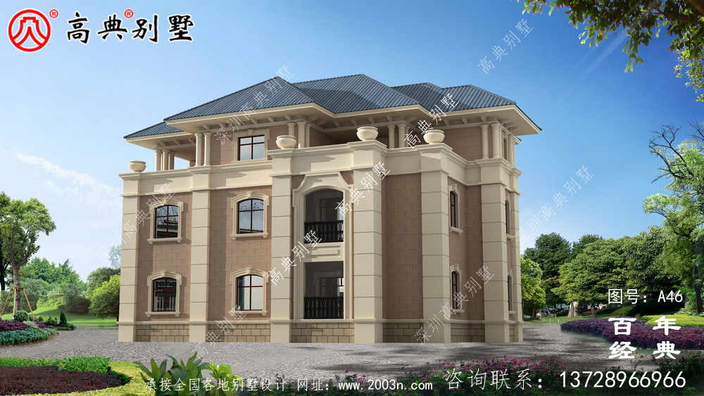 歐式三層帶陽臺小別墅設計施工圖及效果圖_農村三層別墅圖