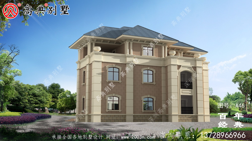 歐式三層帶陽臺小別墅設計施工圖及效果圖_農村三層別墅圖