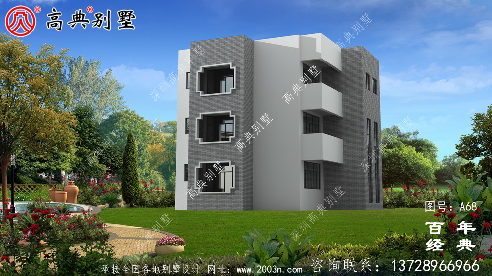 新農村帶陽臺的三層別墅圖紙及效果_農村三層自建住宅設計圖紙