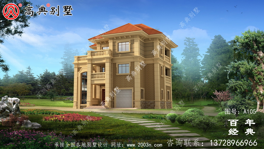 鄉村三層帶車庫樓房別墅設計圖紙_三層別墅施工圖設計