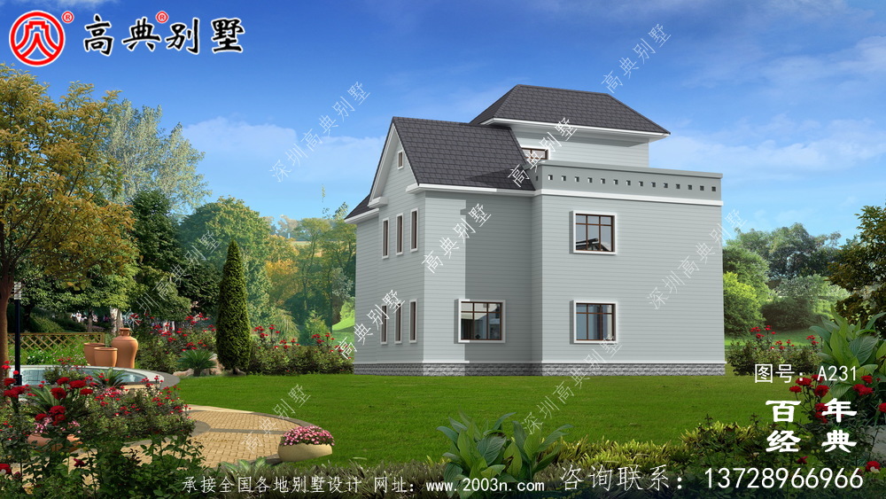 美麗的雙層別墅帶閣樓設計圖和效果圖_ 別墅效果圖