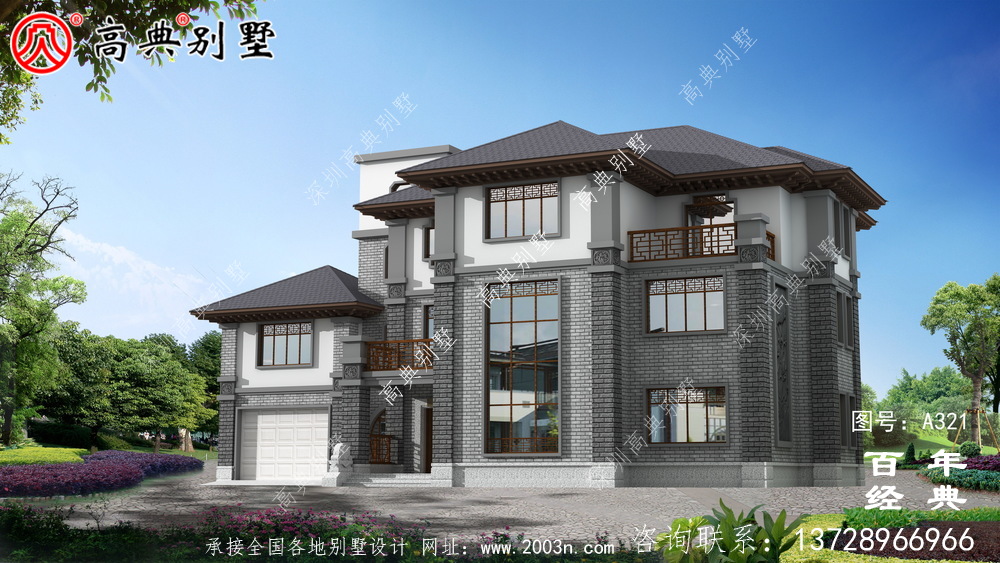 新農村中式三層帶陽臺自建房設計施工圖紙_農村房屋設計圖