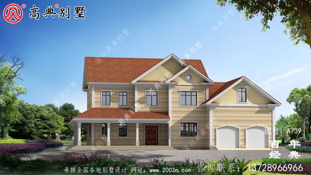 美式二層別墅設計施工圖與效果圖_二層住宅設計圖
