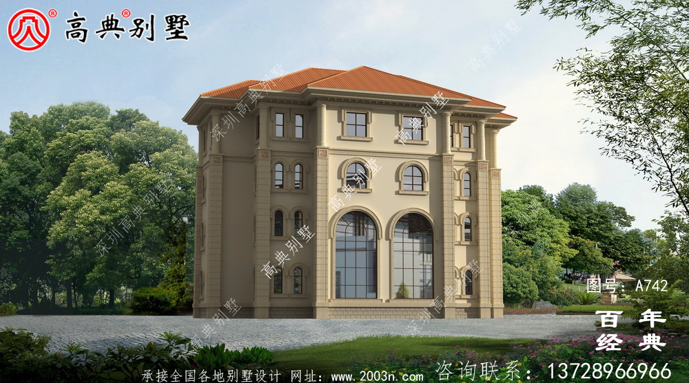 四層豪華歐式別墅外觀效果圖及施工圖_四層別墅設計圖紙