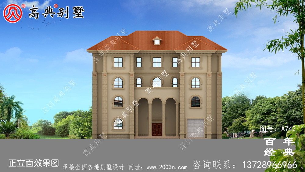 四層豪華歐式別墅外觀效果圖及施工圖_四層別墅設計圖紙