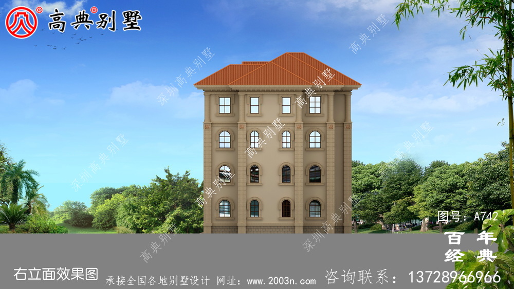 四層豪華歐式別墅外觀效果圖及施工圖_四層別墅設計圖紙