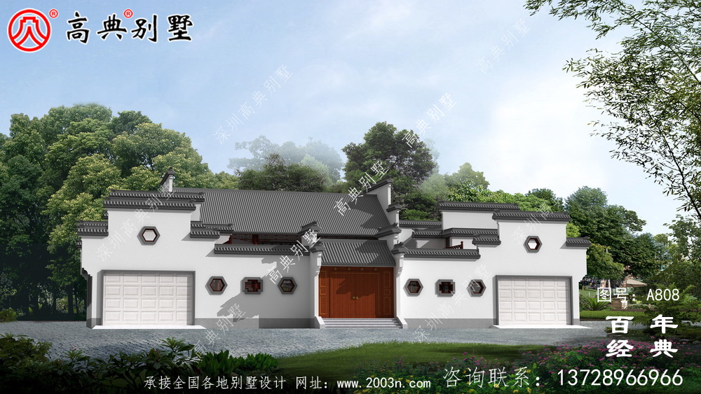二層新中式房屋設計圖紙及設計效果圖_徽派房子設計圖紙