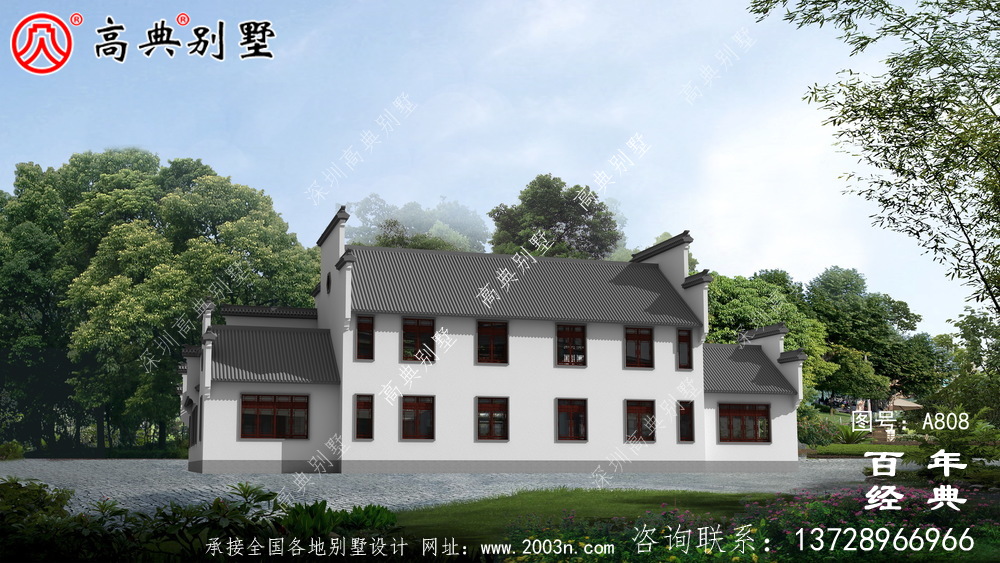 二層新中式房屋設計圖紙及設計效果圖_徽派房子設計圖紙