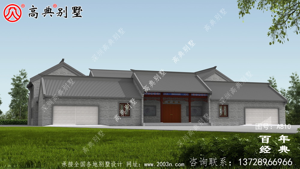 中式兩層帶院子別墅設(shè)計效果圖及施工圖_農(nóng)村兩層別墅設(shè)計圖紙