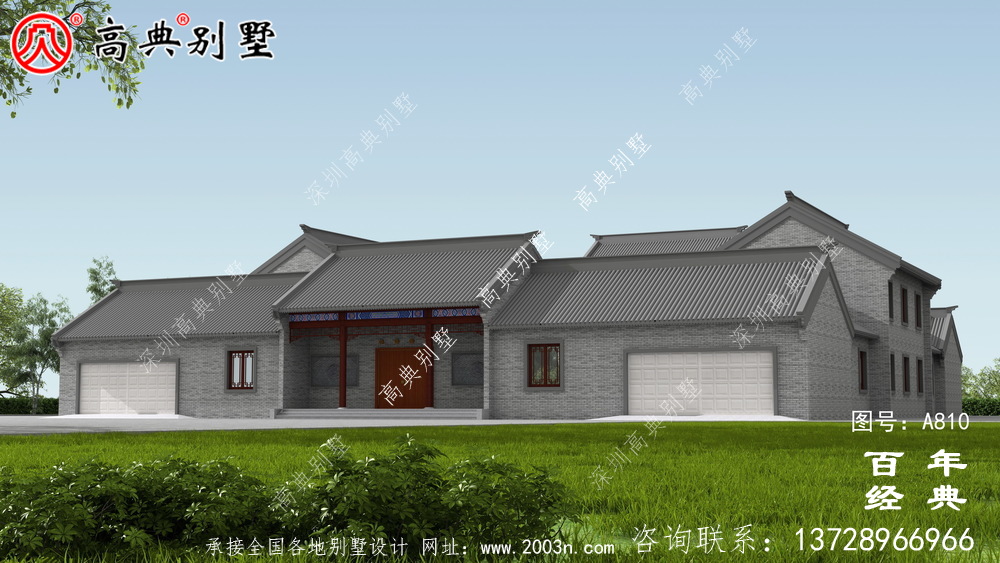 中式兩層帶院子別墅設(shè)計效果圖及施工圖_農(nóng)村兩層別墅設(shè)計圖紙