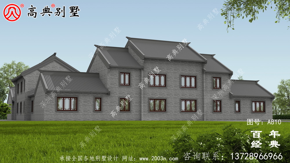 中式兩層帶院子別墅設(shè)計效果圖及施工圖_農(nóng)村兩層別墅設(shè)計圖紙