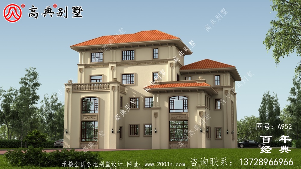 鄉村四層復式別墅外觀效果圖與施工圖設計_鄉村四層別墅設計圖