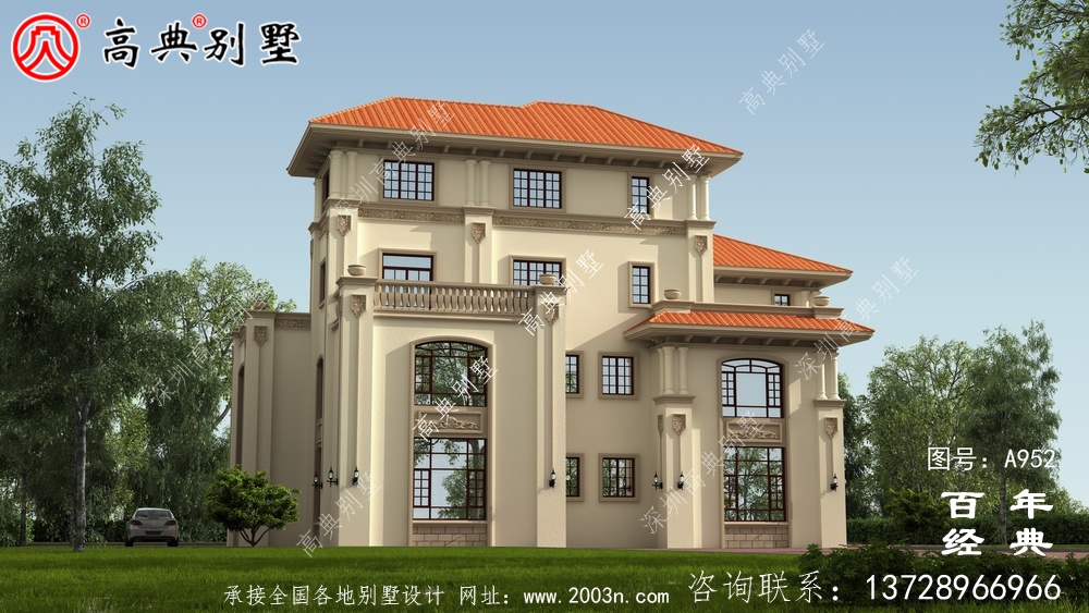鄉村四層復式別墅外觀效果圖與施工圖設計_鄉村四層別墅設計圖