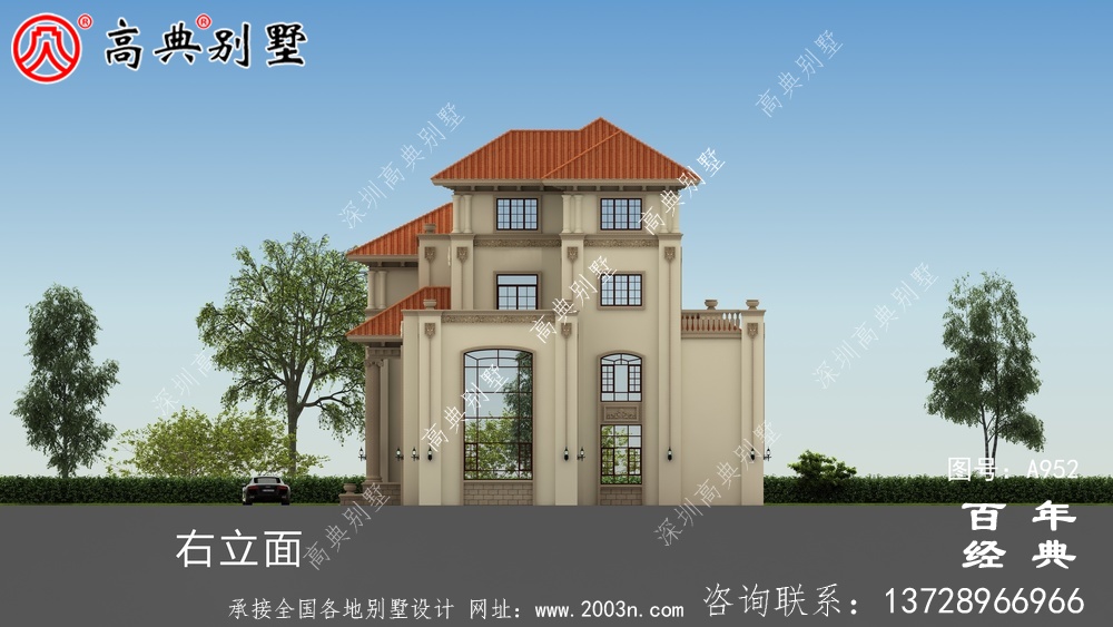 鄉村四層復式別墅外觀效果圖與施工圖設計_鄉村四層別墅設計圖