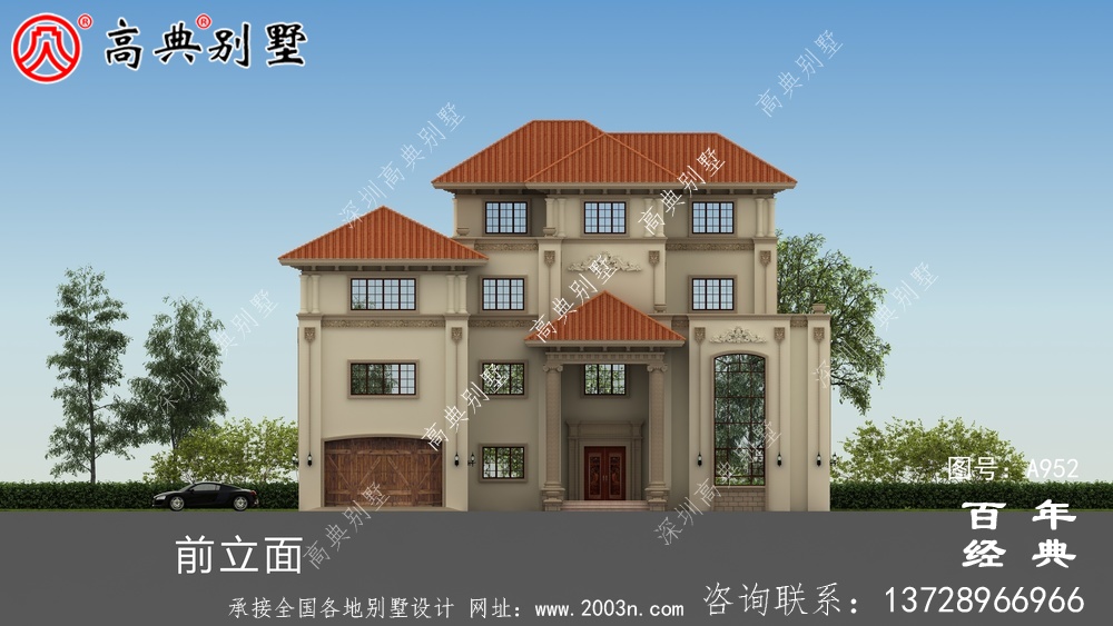 鄉村四層復式別墅外觀效果圖與施工圖設計_鄉村四層別墅設計圖