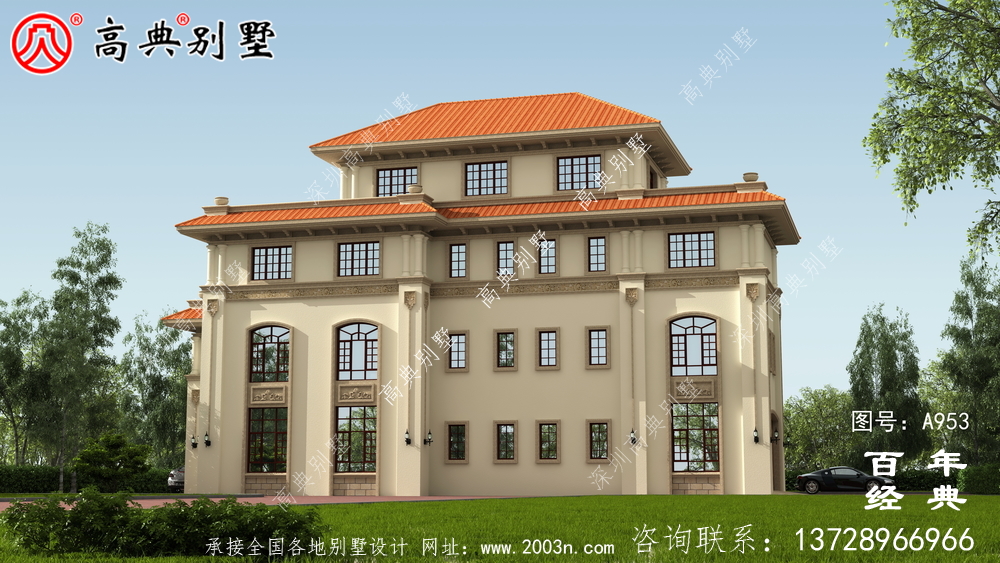 歐式豪華大氣復式四層別墅外觀效果圖與施工圖設計_四層別墅設計圖