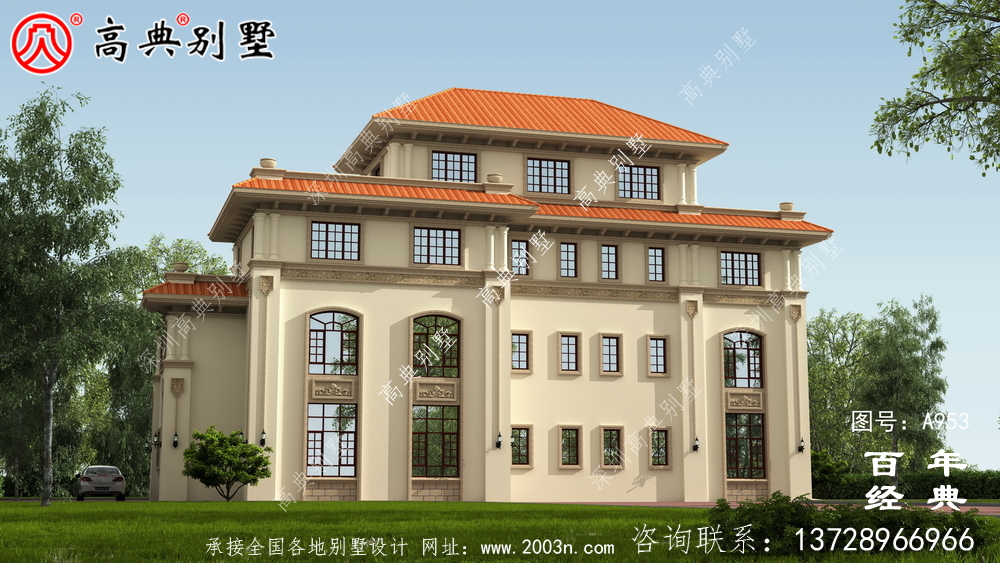 歐式豪華大氣復式四層別墅外觀效果圖與施工圖設計_四層別墅設計圖