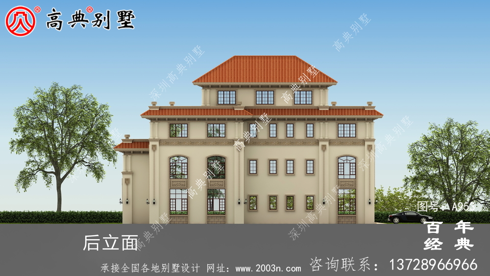 歐式豪華大氣復式四層別墅外觀效果圖與施工圖設計_四層別墅設計圖