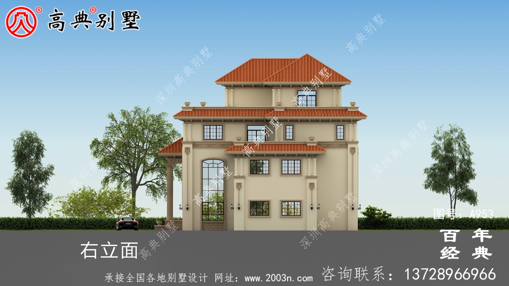 歐式豪華大氣復式四層別墅外觀效果圖與施工圖設計_四層別墅設計圖