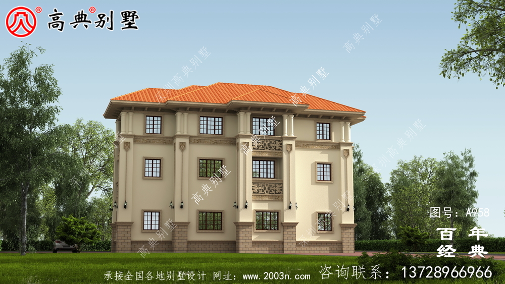 歐式三層帶露臺復式別墅設計圖紙及效果圖_三層別墅圖紙