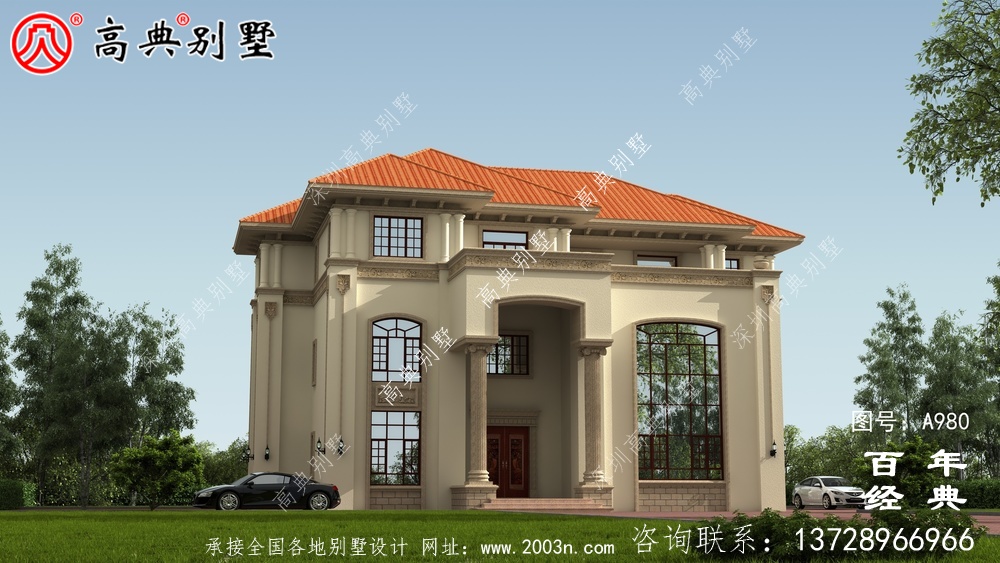 歐式三層舒適別墅帶露臺設計圖及效果圖_鄉村三層別墅設計圖