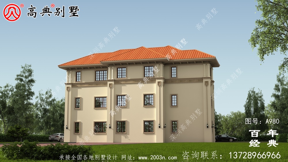 歐式三層舒適別墅帶露臺設計圖及效果圖_鄉村三層別墅設計圖