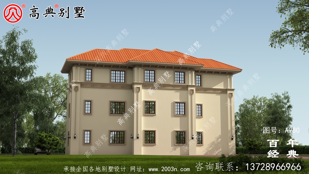 歐式三層舒適別墅帶露臺設計圖及效果圖_鄉村三層別墅設計圖