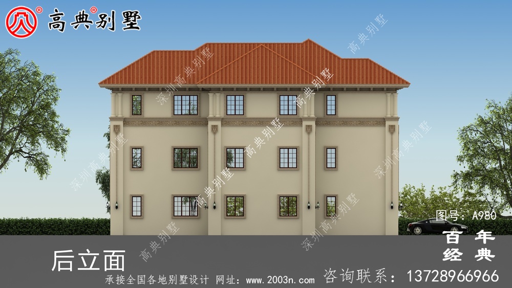 歐式三層舒適別墅帶露臺設計圖及效果圖_鄉村三層別墅設計圖
