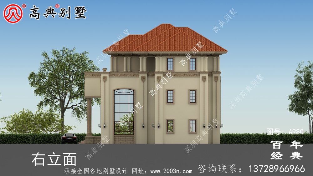 歐式三層舒適別墅帶露臺設計圖及效果圖_鄉村三層別墅設計圖